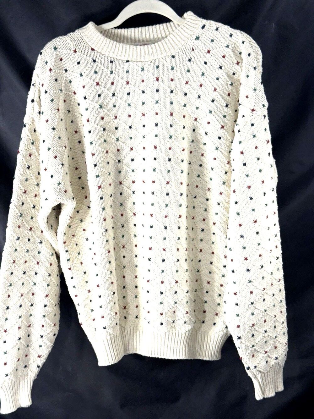 Vtg American Spirit Men’s 100% Cotton Cable Knit Diamond Cream/Red/Green Sz Lrg